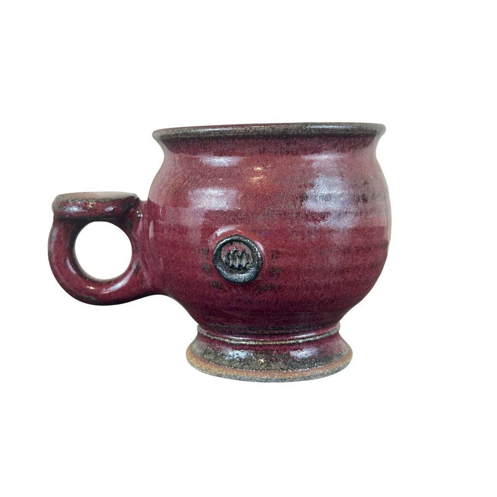 Studio Pottery Footed Mug Dark Red Glaze Stoneware Thumb Rest Handle Handmade